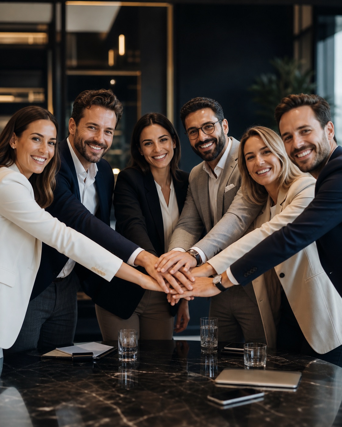 Business-Team mit Händen in der Mitte als Symbol für Partneraufbau