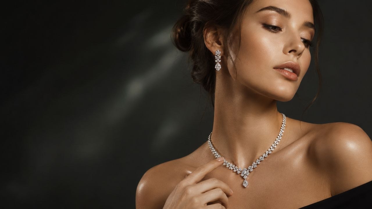 Frau mit Diamantschmuck auf dunklem Hintergrund